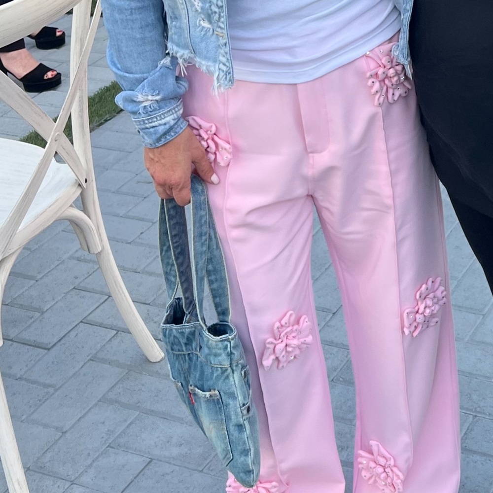 Pink Flowers Embellished 3D Swarovski Crystal Wide Leg Pants Large